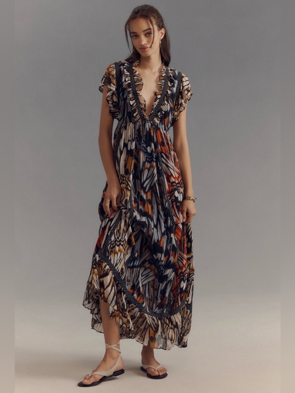 NWOT Anthropologie Maeve butterfly print ruffle sleeved maxi dress - Picture 2 of 16